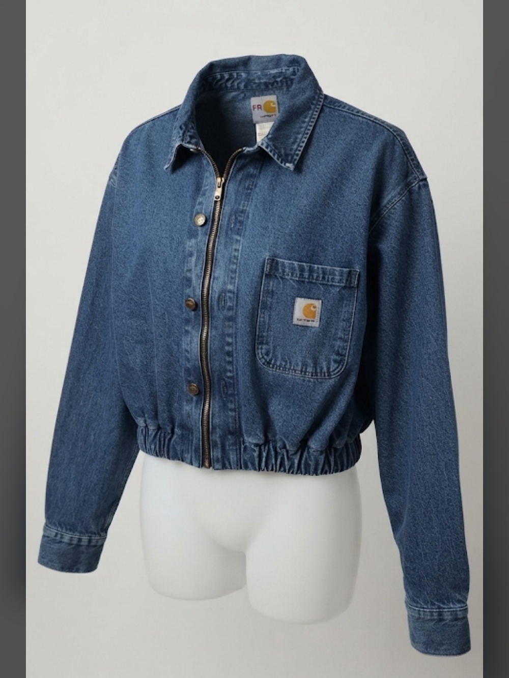 Carhartt FR Customized Cropped Denim Jacket Zip Front Size Large Upcycled Workwe